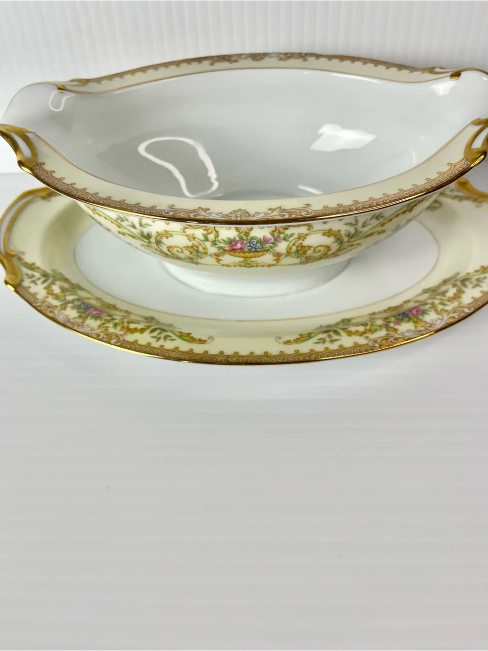 Noritake Nanette 683 Porcelain Floral Gold Gravy Boat & Underplate Set-AS IS